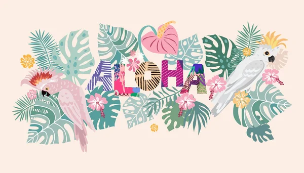 Tropikal Çiçekler Arkaplanı Aloha Metin Harfleri Çizgi Film Tarzında Yaz — Stok Vektör