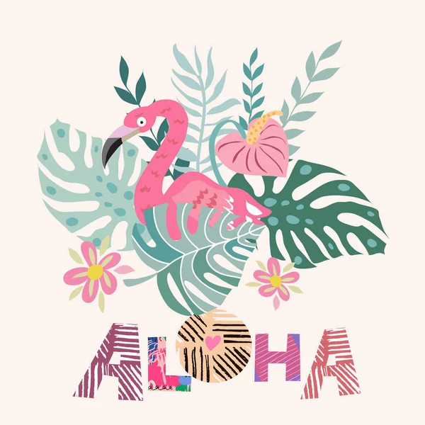 Tropische Bloemen Achtergrond Aloha Tekst Belettering Summer Design Elementen Platte — Stockvector