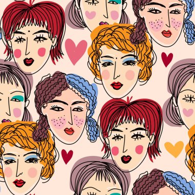 Farklı ten renginde, yaşlarda, saç stilinde ve yüz tiplerinde güzel kadın portreleri olan modaya uygun, pürüzsüz bir apattern. Çizgi film stili Vektör çizgisi çiziminde çeşitli modaya uygun kadın karakterlerin görünümü
