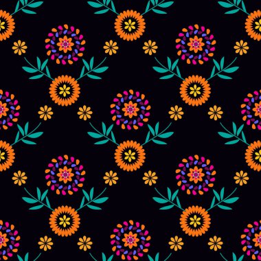 Meksika desensiz şekeri, şeker kafatası ve renkli çiçekler Dia de Los Muertos, Ölüler Günü. Cadılar Bayramı. Vektör illüstrasyonu.