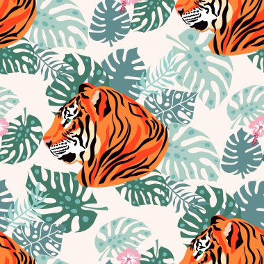 Kaplan ve tropik bitkiler, çiçekler, yapraklar. Güzel, pürüzsüz desenli çizgi film gerçekçi düz stil. Tekstil, kumaş, duvar kağıdı için modern moda deri tasarımı. Safari sanat tarzı. Vektör illüstrasyonu