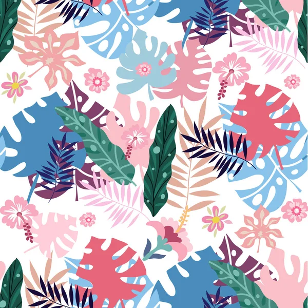 Schöne Trendige Nahtlose Muster Mit Tropischen Palmblättern Exotischen Blumen Nette — Stockvektor