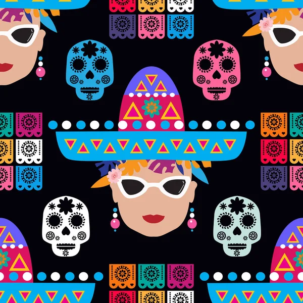 死者の日 Dia Los Muertos シュガータトゥー頭蓋骨 マラカス ギター ソムブレロとマリーゴールドの花 カトリーナカラベラ伝統的なメキシコのスケルトンシームレスなパターンベクトルイラスト — ストックベクタ