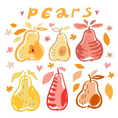  Funcy set with  pears  fruits for  summer design. Creative scandinavian texture for textile, paper, cover, fabric, interior decor, wrapping, wallpaper, packaging. Vector illustration