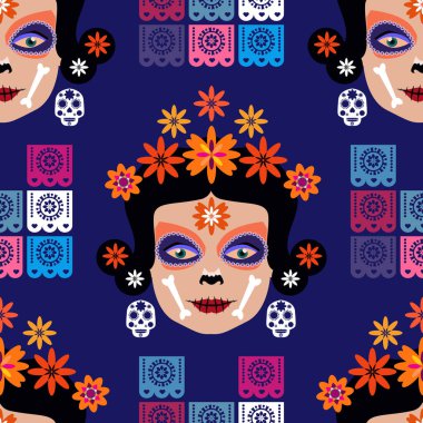 Ölüler Günü, Dia de los Muertos, Catrina la Calaver, Şeker dövmeli kafatasları, marakas, gitar, sombrero ve kadife çiçekleri, kusursuz desenli Vektör çizimi.