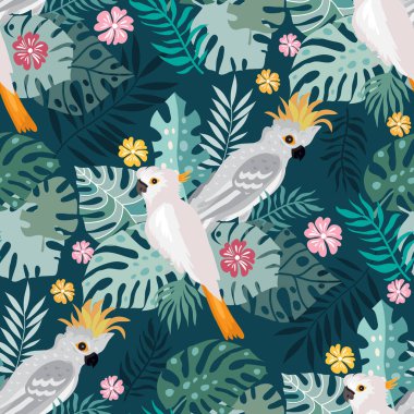 Tropikal papağanlar, renkli egzotik kuşlar, yapraklar, çiçekler, tatil ve seyahat için sanat eserleri, moda, tekstil, ağ, posterler, duvar kağıtları illüstrasyon EPS 10