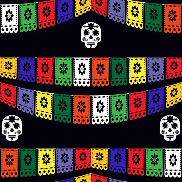 メキシコのシームレスなパターン 砂糖の頭蓋骨とカラフルな花 Dia Los Muertos 死者の日 ハロウィン ベクターイラスト — ストックベクタ