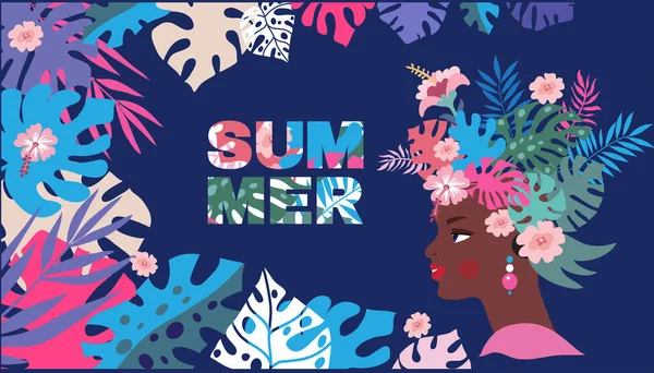 Sommerliche Konzeptgestaltung Mit Hübschen Frauen Palmen Tropischen Blättern Und Blumen — Stockvektor
