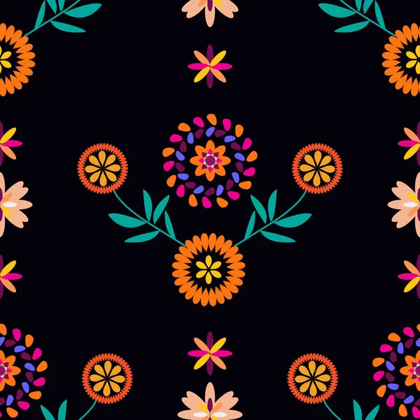 Мексиканский Бесшовный Узор Сахарные Черепа Красочные Цветы Dia Los Muertos — стоковый вектор