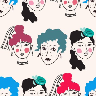 Farklı ten renginde, yaşlarda, saç stilinde ve yüz tiplerinde güzel kadın portreleri olan modaya uygun, pürüzsüz bir apattern. Çizgi film stili Vektör çizgisi çiziminde çeşitli modaya uygun kadın karakterlerin görünümü