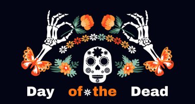 Dia de los Muertos, Ölüler Günü, Meksika Cadılar Bayramı geleneği web-afişi, içinde Calavea la Catrina, şeker kafatası, çelenk, bayraklar, iskelet, kelebek ve kadife çiçekleri olan poster.