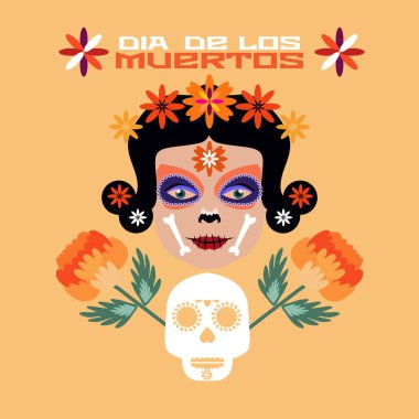 Ölüler Günü, Dia de los Muertos Meksika Cadılar Bayramı geleneği web-afişi, Calavea la Catrina posterleri, şeker kafalar, çelenk, bayraklar, marakalar, gitar, sombrero ve çiçek taşıyıcısı