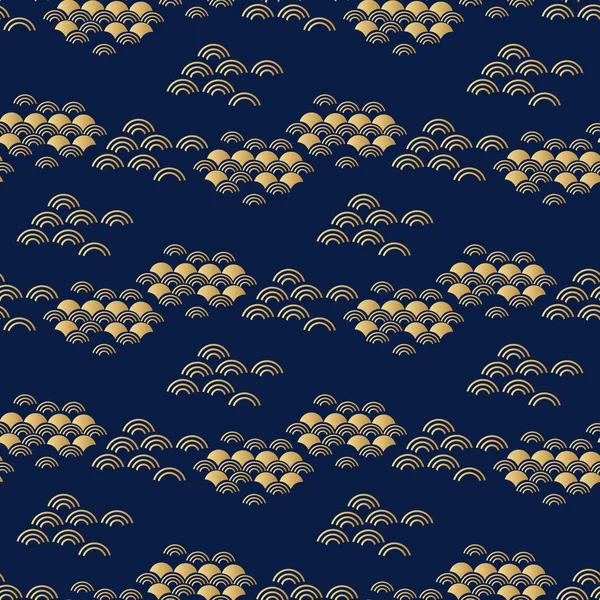 Красивий Японський Безшовний Візерунок Океаном Морськими Хвилями Хмарами Квітами Сакури — стоковий вектор