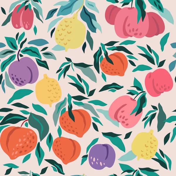 Beautiful Seamless Pattern Tropical Fruits Summer Design Pear Peach Lemon — Stock Vector