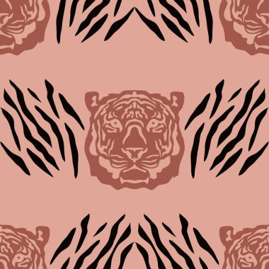 Kaplan, düz çizgi filmlerde farklı renklerde kusursuz desen çizer. Tekstil, kumaş, duvar kağıdı için modern moda deri tasarımı. Safari tarzı. Vektör illüstrasyonu
