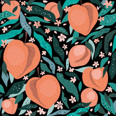 Modern moda yaz tasarımı için şeftali meyveli güzel, pürüzsüz desen. Yaz titreşimleri. Tekstil, kağıt, kapak, kumaş, iç dekorasyon, ambalaj, duvar kağıdı ve ambalaj için yaratıcı İskandinav dokusu. Vektör illüstrasyonu