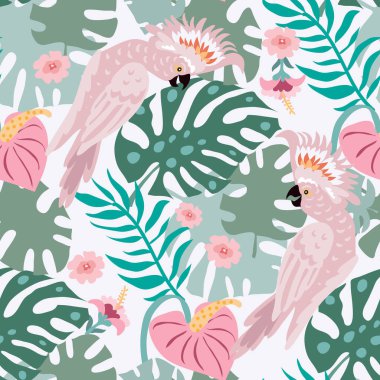 Tropikal papağanlar, renkli egzotik kuşlar, yapraklar, çiçekler, tatil ve seyahat için sanat eserleri, moda, tekstil, ağ, posterler, duvar kağıtları illüstrasyon EPS 10