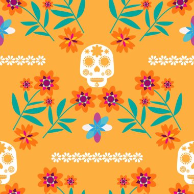 Meksika desensiz şekeri, şeker kafatası ve renkli çiçekler Dia de Los Muertos, Ölüler Günü. Cadılar Bayramı. Vektör illüstrasyonu.