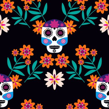 Meksika desensiz şekeri, şeker kafatası ve renkli çiçekler Dia de Los Muertos, Ölüler Günü. Cadılar Bayramı. Vektör illüstrasyonu.