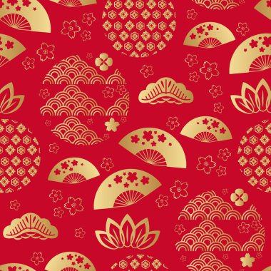 Güzel Japon desenli bulutlar, yelpazeler, sakura çiçekleri, dalgalar. Kırmızı ve altın. Vektör dikişsiz Asya dokusu. Paketleme, tekstil, kağıt, kumaş, imalat, duvar kağıtları üzerine baskı yapmak için.