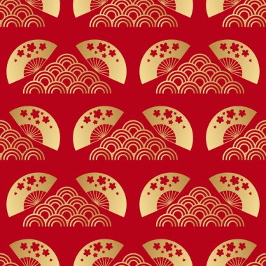 Güzel Japon desenli bulutlar, yelpazeler, sakura çiçekleri, dalgalar. Kırmızı ve altın. Vektör dikişsiz Asya dokusu. Paketleme, tekstil, kağıt, kumaş, imalat, duvar kağıtları üzerine baskı yapmak için.