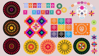 Meksika Cadılar Bayramı öğeleri - şeker kafatası, papel picado, çelenk süsü ve kadife çiçekleri. Dia de Los Muertos, Ölüler Günü. Cadılar Bayramı. Vektör illüstrasyonu.