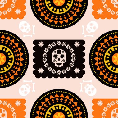 Meksika Cadılar Bayramı şablonu, şeker kafatası, papel picado, çelenk süsü ve kadife çiçekleri. Dia de Los Muertos, Ölüler Günü. Cadılar Bayramı. Vektör illüstrasyonu.