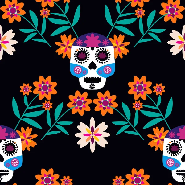 Mexicaanse Naadloze Patroon Suiker Schedels Kleurrijke Bloemen Dia Los Muertos — Stockvector