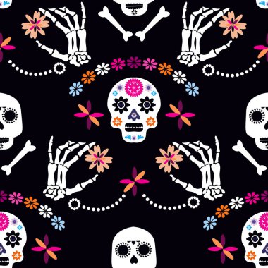 Meksika deseni, şeker kafalar ve çiçekler. Meksika kutlaması şablonu, I Mexico İskelet Dekorasyonu. Dia de Los Muertos, Ölüler Günü. Cadılar Bayramı. Vektör illüstrasyonu.