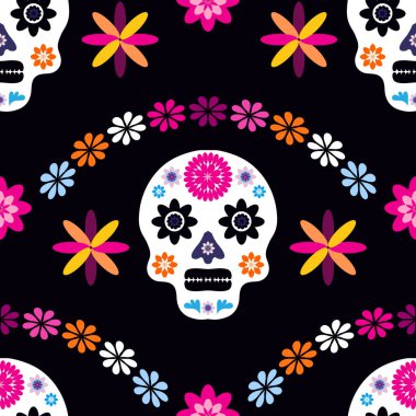 Ölüler Günü, Dia de los Muertos, cadılar bayramı kafatası, iskelet eller, kadife çiçekleri. Şablon tatil arka plan Vektör illüstrasyonu