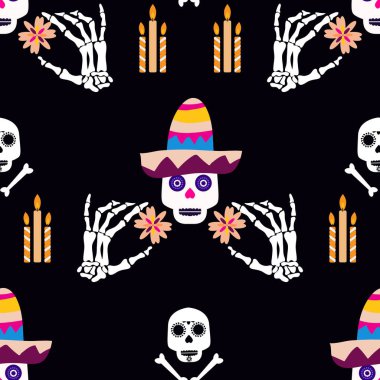 Meksika deseni, şeker kafalar ve çiçekler. Meksika kutlaması şablonu, I Mexico İskelet Dekorasyonu. Dia de Los Muertos, Ölüler Günü. Cadılar Bayramı. Vektör illüstrasyonu.
