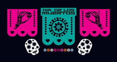 Ölüler Günü, Dia de los Muertos Meksika Cadılar Bayramı geleneği web-afişi, Calavea la Catrina posterleri, şeker kafalar, çelenk, bayraklar, marakalar, gitar, sombrero ve çiçek taşıyıcısı