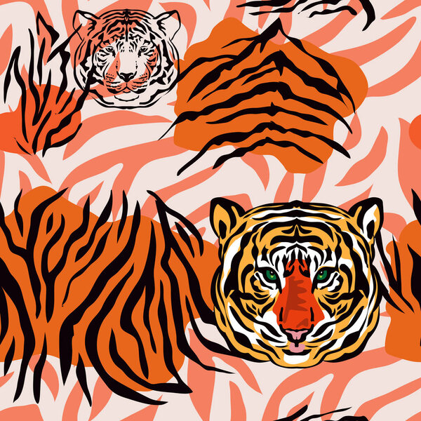 Tiger  beautiful  seamless pattern  in different colors in cartoon flat style. Modern fashion print  skin design for textile, fabric, wallpaper.  Safari style. Vector illustration