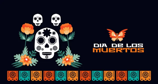 Ölüler Günü, Dia de los Muertos Meksika Cadılar Bayramı geleneği web-afişi, Calavea la Catrina posterleri, şeker kafalar, çelenk, bayraklar, marakalar, gitar, sombrero ve çiçek taşıyıcısı