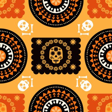 Meksika Cadılar Bayramı şablonu, şeker kafatası, papel picado, çelenk süsü ve kadife çiçekleri. Dia de Los Muertos, Ölüler Günü. Cadılar Bayramı. Vektör illüstrasyonu.