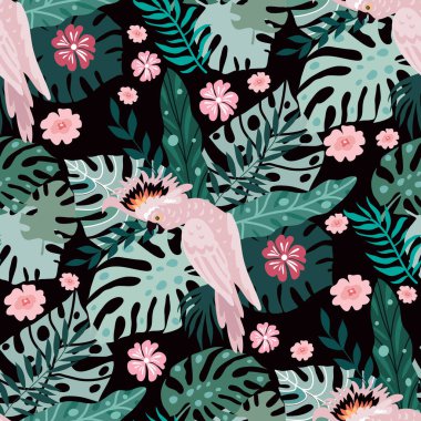 Tropikal papağanlar, renkli egzotik kuşlar, yapraklar, çiçekler, tatil ve seyahat için sanat eserleri, moda, tekstil, ağ, posterler, duvar kağıtları illüstrasyon EPS 10