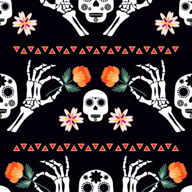 Ölüler Günü, Dia de los Muertos, cadılar bayramı kafatası, iskelet eller, kadife çiçekleri. Şablon tatil arka plan Vektör illüstrasyonu