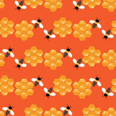 Ballı ve arılı düz çizgi film deseni. Kumaş, ambalaj, tekstil, duvar kâğıdı ve giysi için yaratıcı çocuk dokusu. Vektör illüstrasyonu.