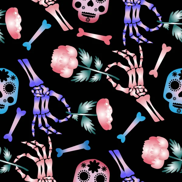 Feliz Halloween Patrón Sin Costuras Cráneo Neón Con Flores Esqueleto — Archivo Imágenes Vectoriales