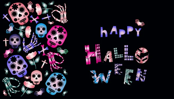 Feliz Halloween Neon Template Background Bandeira Festiva Cartaz Com Calavera —  Vetores de Stock