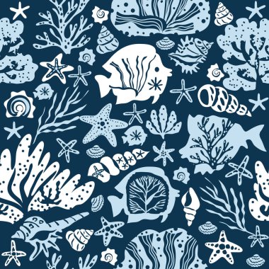 Deniz yosunlarının, mercanların, deniz yosunlarının, deniz kabuklarının, denizanalarının, balıkların, fitoplanktonların, alglerin, laminaryanın deniz yosunlarının, tropikal sualtı hayvanlarının kusursuz desenleri. Vektör