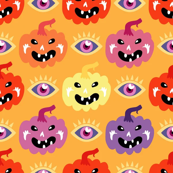 Happy Halloween Awesome Seamless Pattern Witm Cute Pumpkins Autumn Holiday — Stock Vector