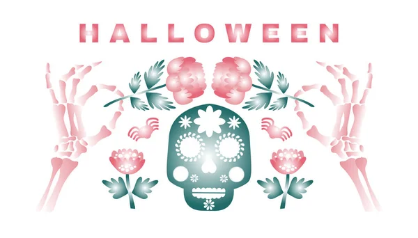 Felice Halloween Neon Modello Sfondo Bandiera Festiva Poster Con Calavera — Vettoriale Stock