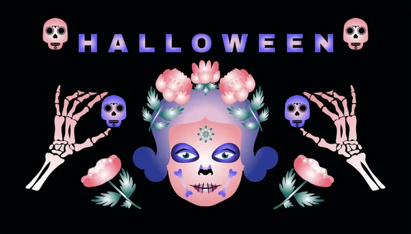 Happy Halloween Neon Template Background Festive Banner Poster Calavera Catrina — Stock Vector