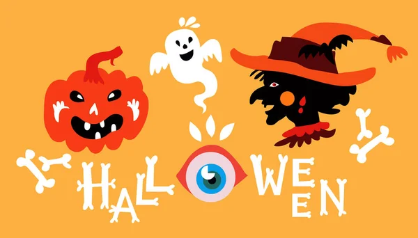 Felice Halloween Poster Modello Banner Stile Cartone Animato Carino Colori — Vettoriale Stock
