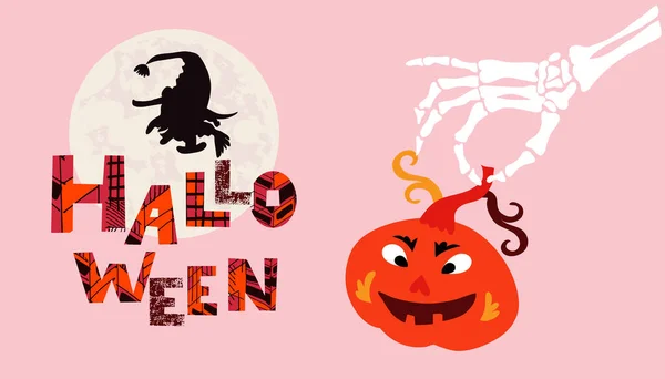 Feliz Halloween Modelo Cartaz Banner Estilo Bonito Dos Desenhos Animados —  Vetores de Stock