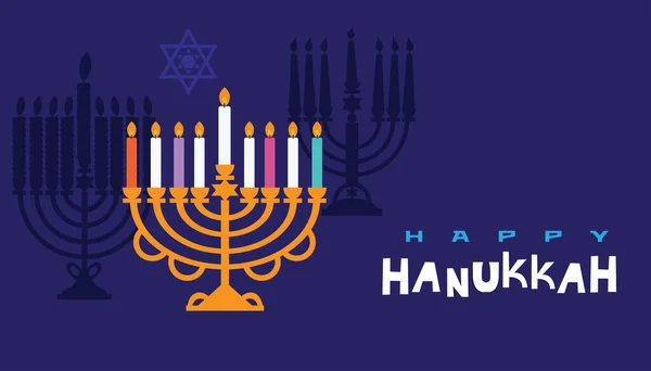 Happy Hanukkah. Jewish holiday Hanukkah greeting card .  Holiday elements.  Menorah, wreath, candles, donuts, garland, bow, cupcake, gifts, candles, dreidel, confetti, coins, oil, sufganiyan, snowflakes and Jewish star. Vector illustration.