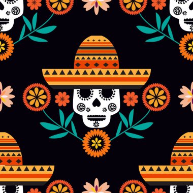 Meksika desensiz şekeri, şeker kafatası ve renkli çiçekler Dia de Los Muertos, Ölüler Günü. Cadılar Bayramı. Vektör illüstrasyonu.