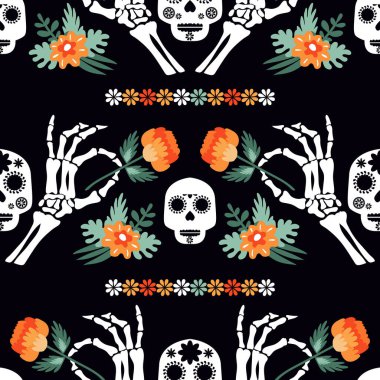 Ölüler Günü, Dia de los Muertos, cadılar bayramı kafatası, iskelet eller, kadife çiçekleri. Şablon tatil arka plan Vektör illüstrasyonu