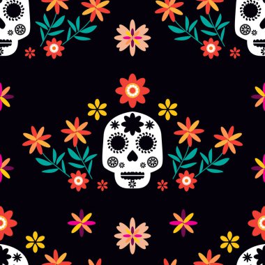 Meksika desensiz şekeri, şeker kafatası ve renkli çiçekler Dia de Los Muertos, Ölüler Günü. Cadılar Bayramı. Vektör illüstrasyonu.